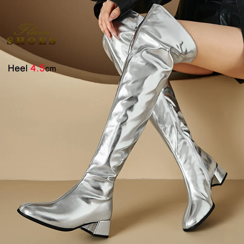 

2025 New Gold Silvery Women Over The Knee Boots Side Zipper Medium Coarse Heels 4.5cm Long Boots Nightclub Stage Show Tall Boots