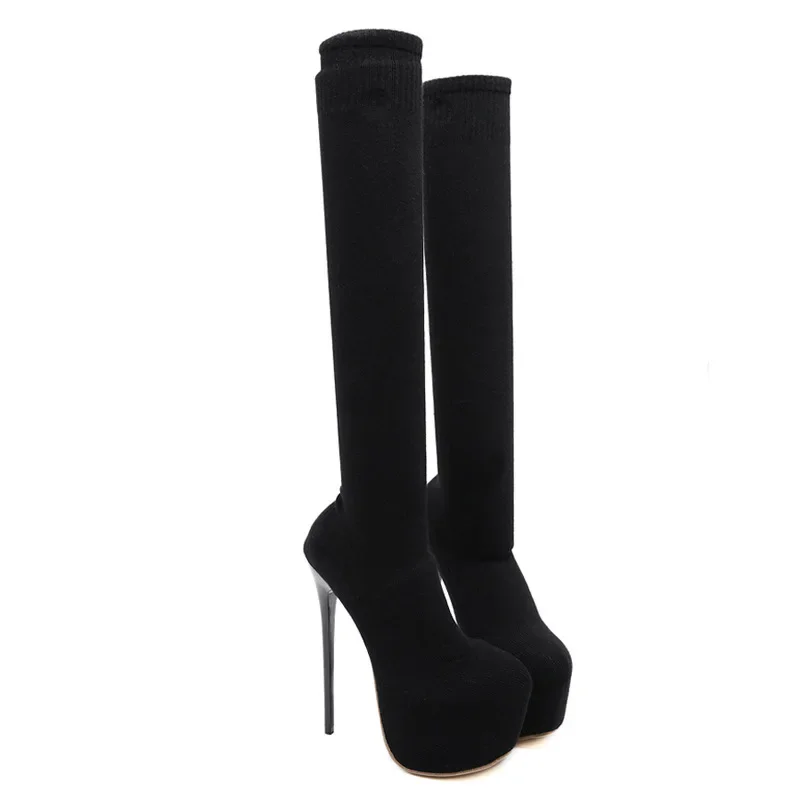 Sexy Thigh High Long Socks Boots for Women 16cm Thin Heel Shoes Black Platform Over-the-knee Slim Elastic Botas