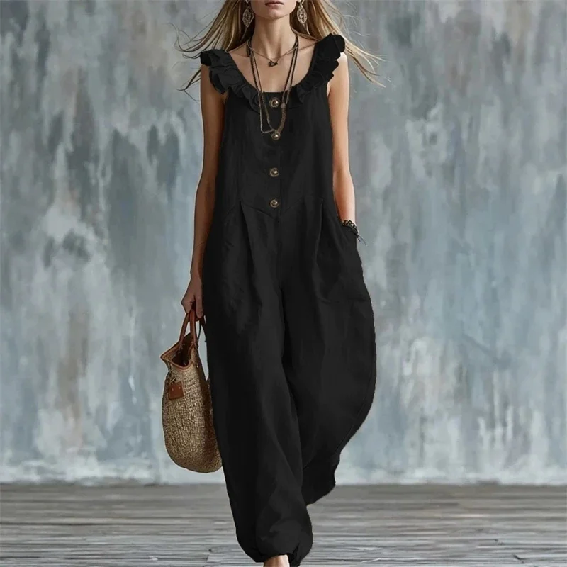 

Women Button Down Jumpsuits Sleeveless Casual Wide Legs Rompers Loose Overall With Pocket