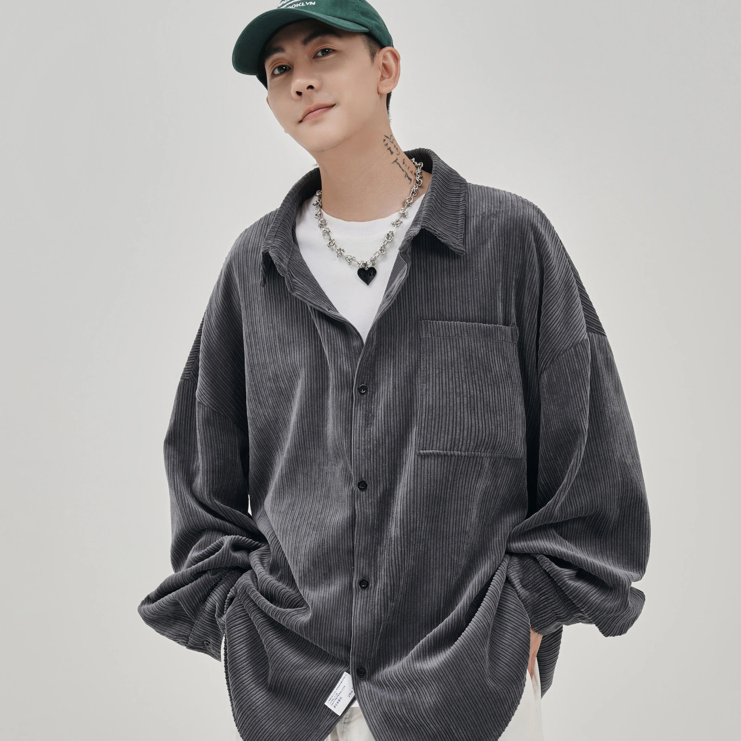 Korean Men's Long Sleeve Overszied Shirt 2024 Corduroy Casual Blouses Top Streetwear Man Shirts Printed Clothing
