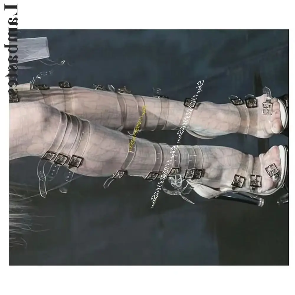 

Trending Knee High Clear PVC Buckle Strappy Sandals Thin High Heel Shoes For Women Open Toe 2026 Fashionable Zapatillas Mujer