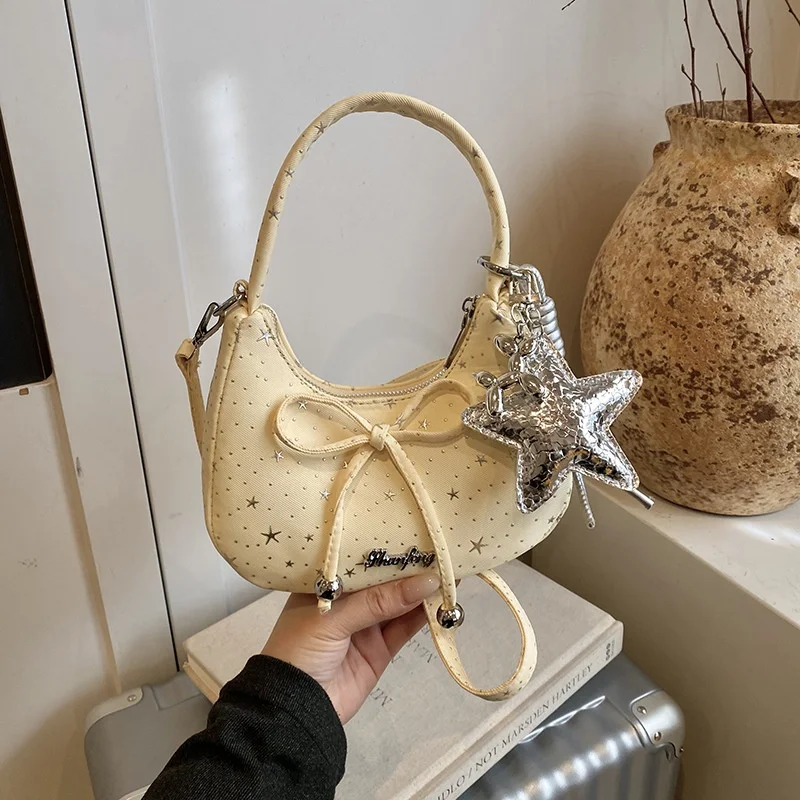 Women Cute Star Print Hobo Shoulder Bag, Bow Decor With Star Pendant Detachable Strap Y2K Underarm Purse