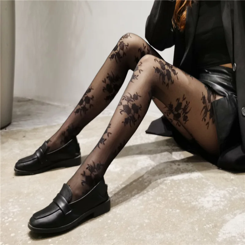 French Style Vintage Black White Stockings Medias Kawaii Rose Flower Print Pantyhose Nylon Pattern Luxury Tights Collant Femme