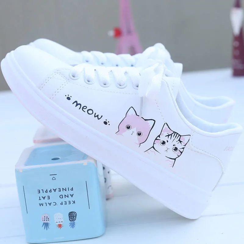 2022 New Arrival Fashion Lace-up Women Sneakers Women Casual Shoes Printed summer Women Pu Shoes Cute Cat Canvas Shoes