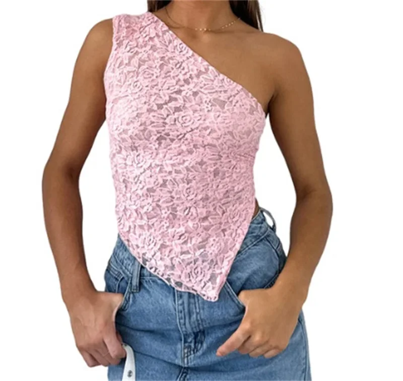 Summer Sexy One Shoulder Asymmetric Tank Top Perspective Lace Wrapped Chest Cardigan Fashion Open Back Party Nightclub