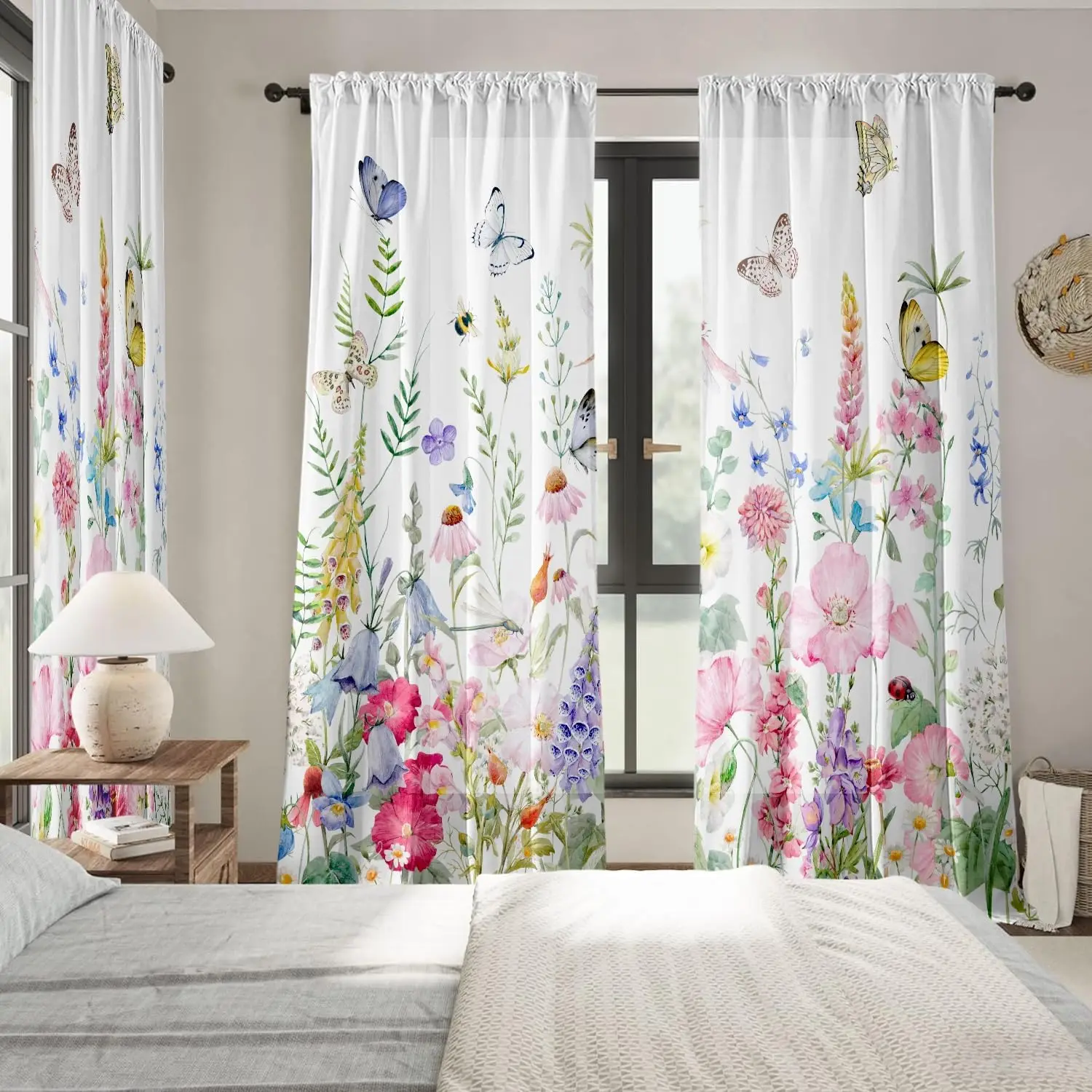 Floral Living Room Curtains 84 Inches Long Purple Pink Flowers Botanical Light Filtering Curtains for Bedroom Green Leaves Plant