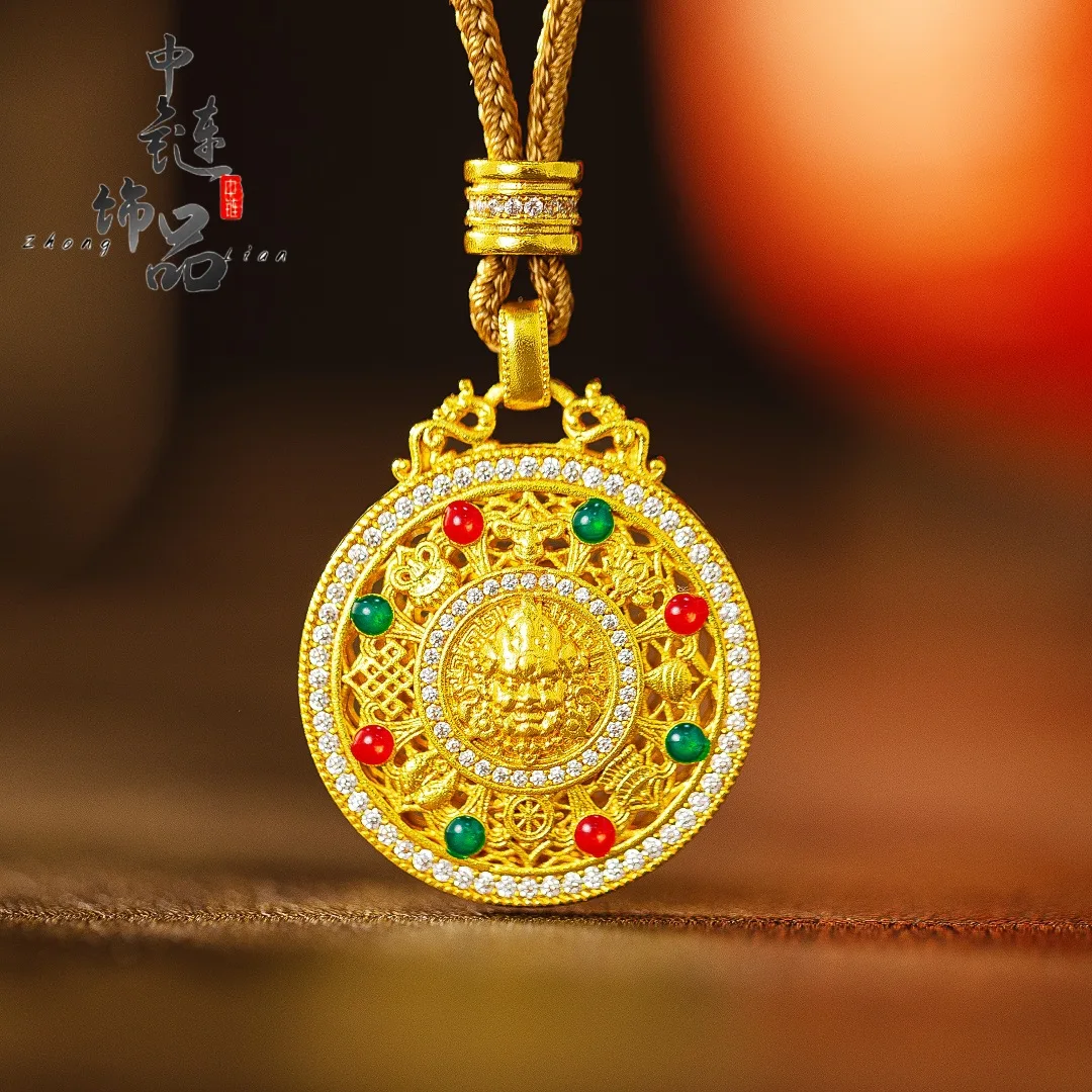 Enamel color yellow God of wealth eight treasure compass pendant new Chinese hollow yellow God of wealth compass 9999gold