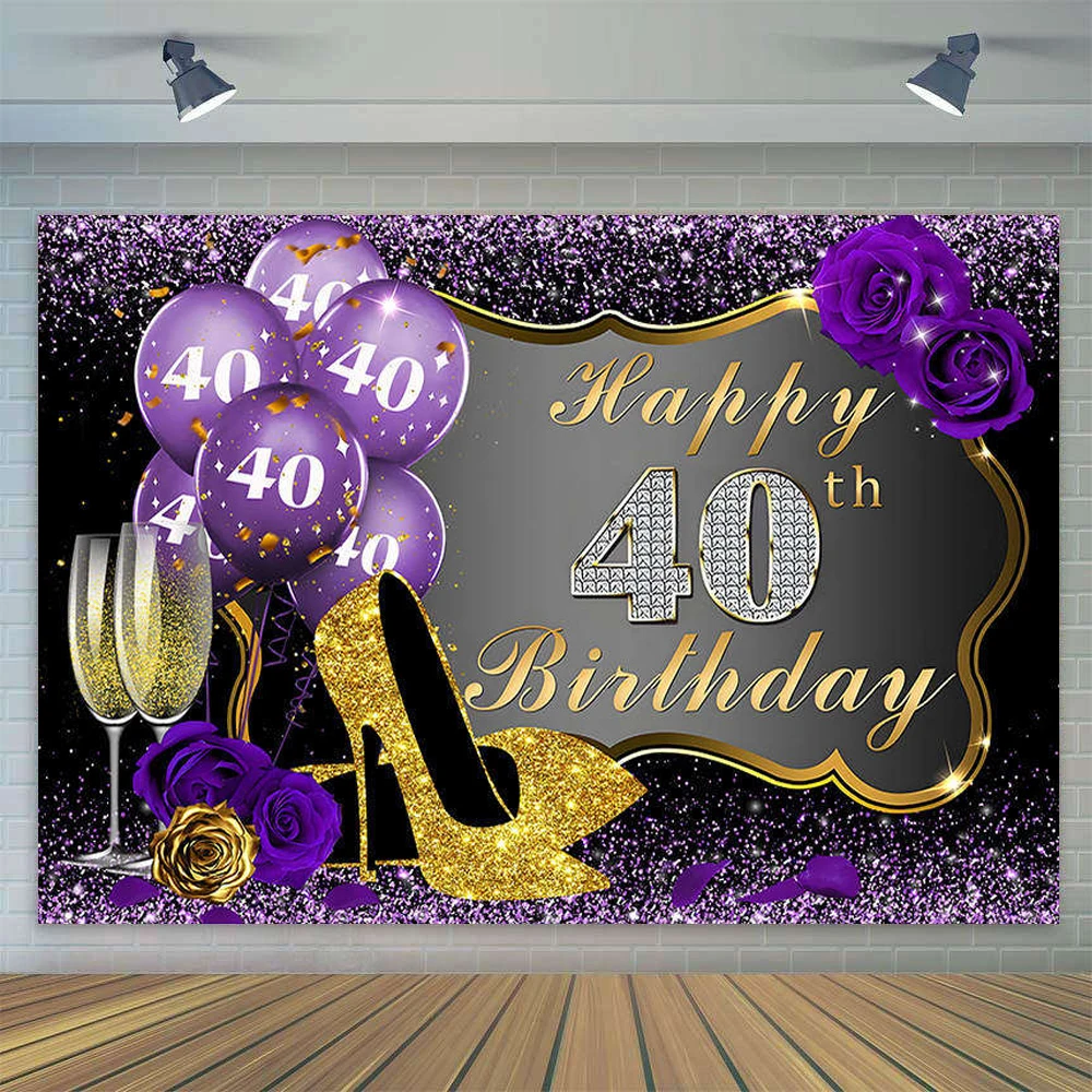 40th Birthday Party Decoration Banner Backdrop Purple Gold Champagne Glass Heels for Woman Forty 40 Years Old Background Custom