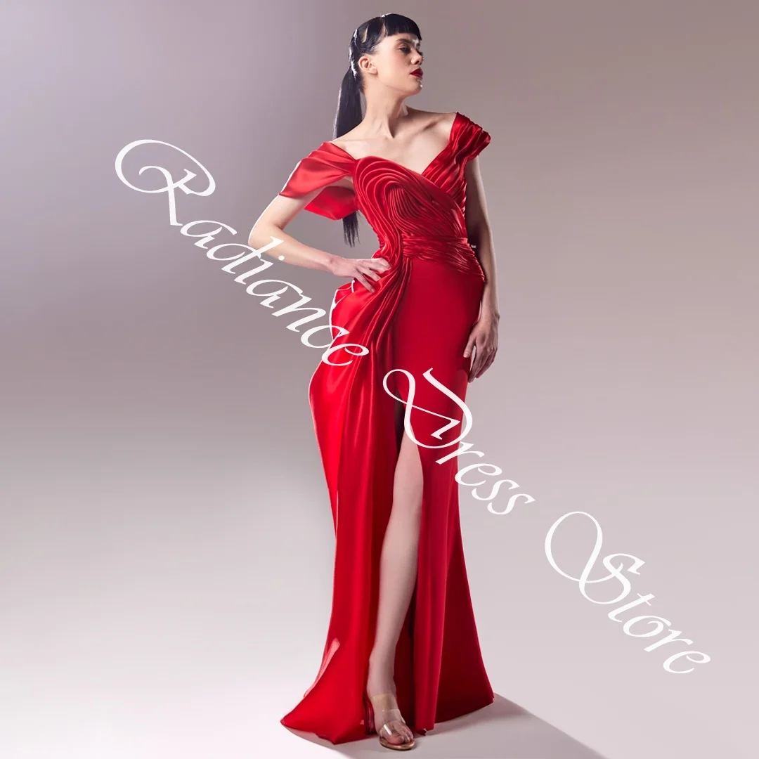 تخصيص الحديثة جيرسي مستقيم قبالة الكتف فساتين السهرة نصف الأكمام زيبر الظهر الأحمر فساتين المناسبات الخاصة #6