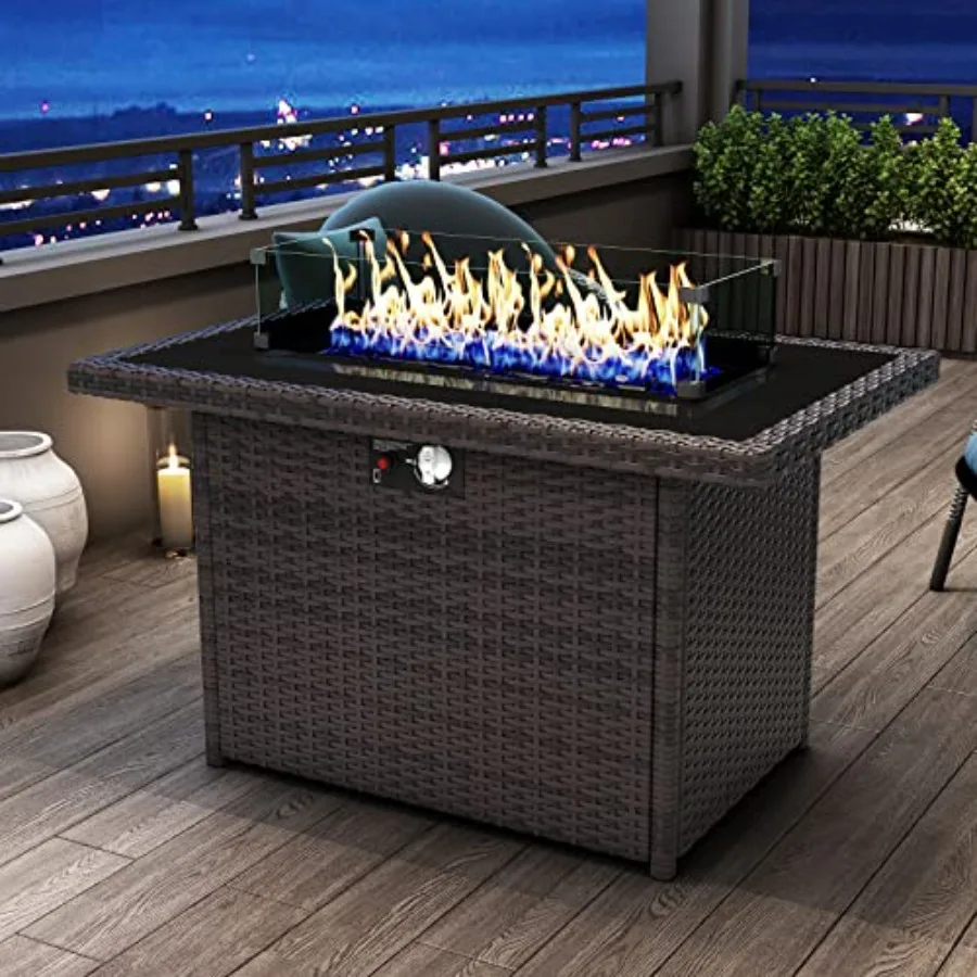 Outdoor patio propane gas fire pit table, wicker rattan material, black color, 44 inch rectangular design with 60000 BTU output