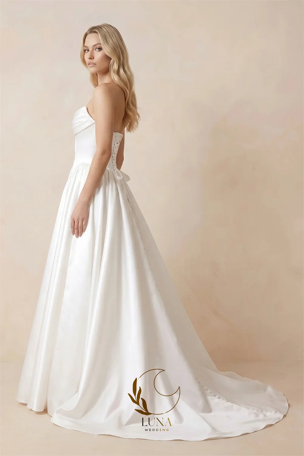 Luna Customized Strapless Satin Ball-Gown Corset Wedding Dress with Removable Sleeves in White Buttons Back