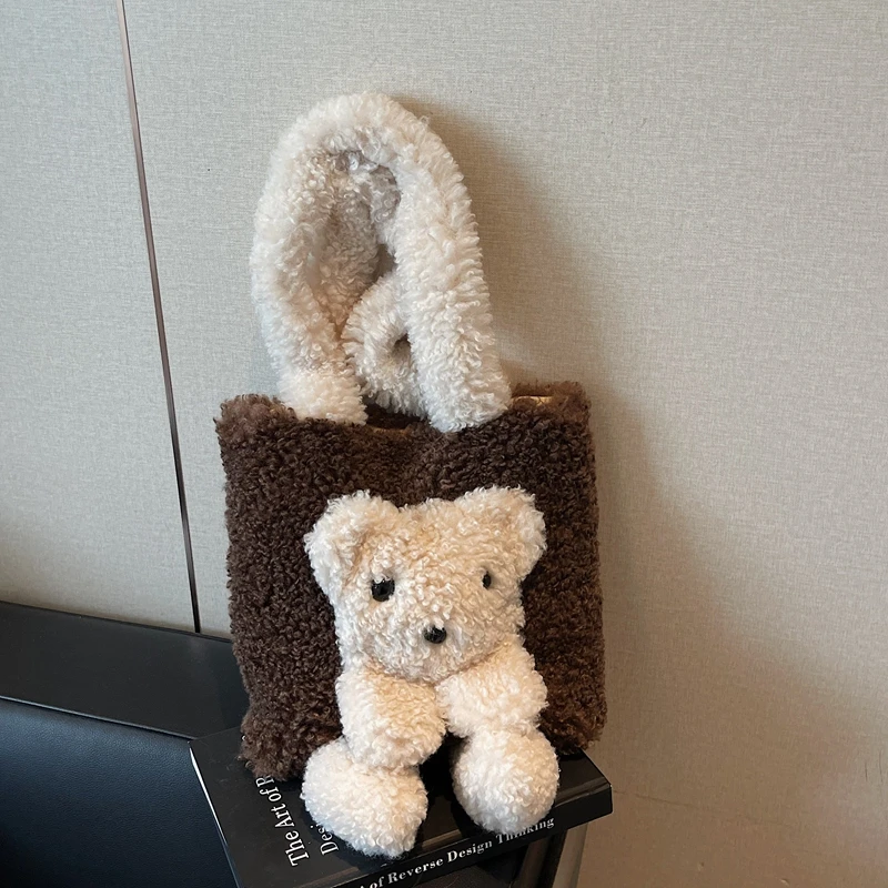 

Flannel Zipper Cute Shoulder Bags Little Bear Large Capacity 2025 High Quality Ladies Bags Winter New Versatile Women's Handbags