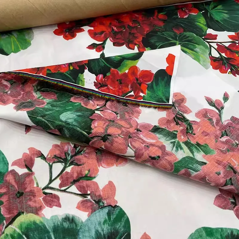 2024 New Europe and America Fashion Show Geranium Flower Printed Cotton Fabric For Women Dress Blouse Handmade DIY Cloth Sewing