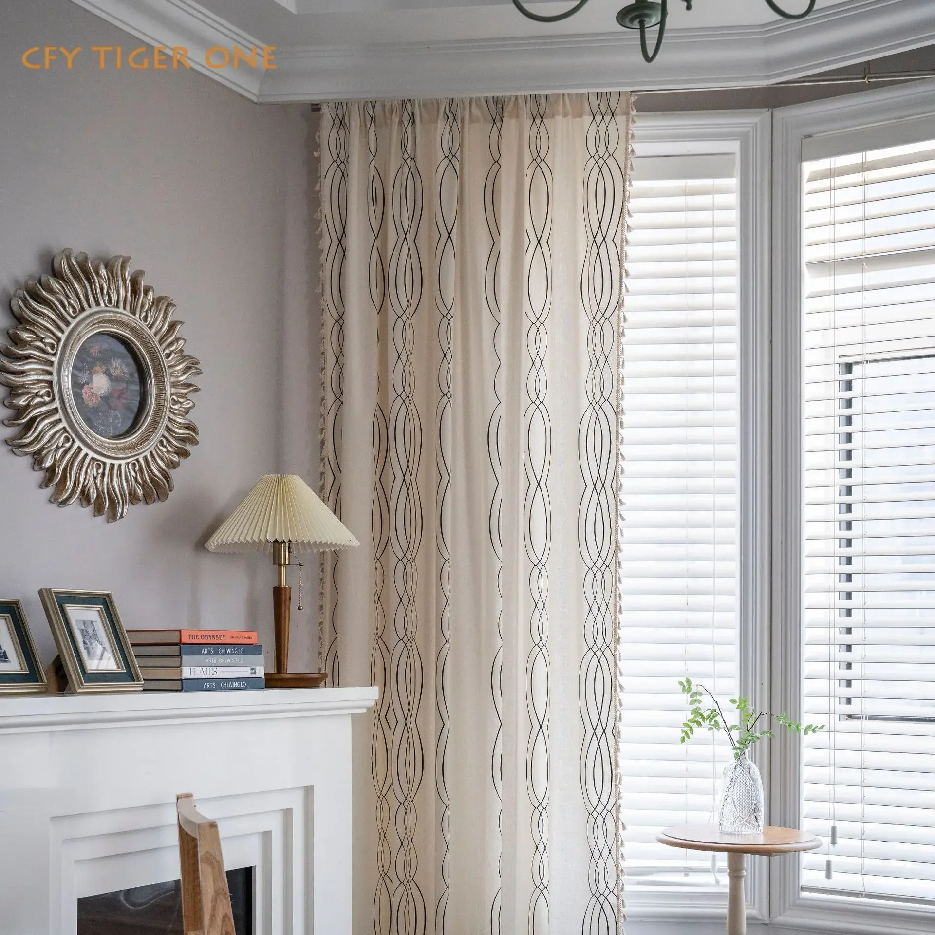 

Cotton Linen Black Curve Print with Tassel Window Curtain Semi-shading Drapes for Living Room Bedroom Kitchen Door Drapes