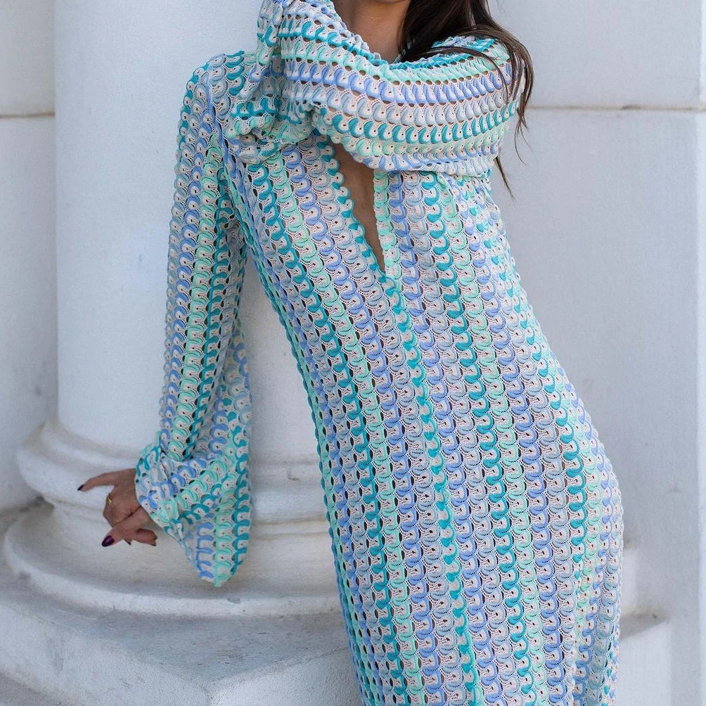 Sexy Rainbow Dress Women Print Deep V Neck Split Long Dresses Hollow Out Long Y2k Tops Knitted Elegant Party Club Vestidos — zdjęcie 7
