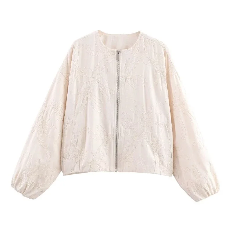 

Lady Embroidery Pattern Jacket Elegant Autumn Winter O-Neck Zipper Coat Casual Female Fashion Streetwear Tops