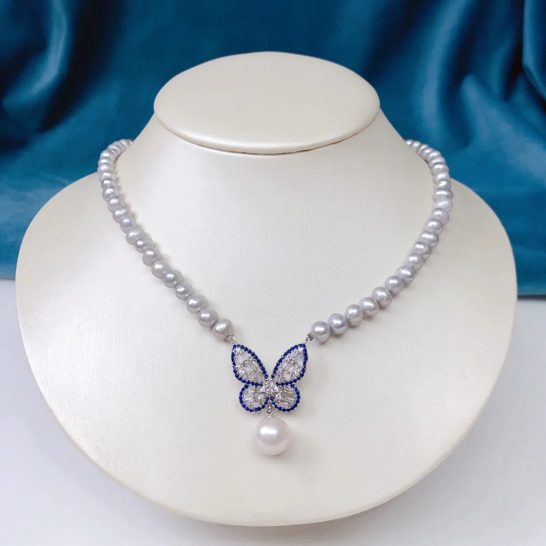 

freshwater pearl gray near round 6-7mm blue ZIRCON BUTTERFLY necklace 43cm