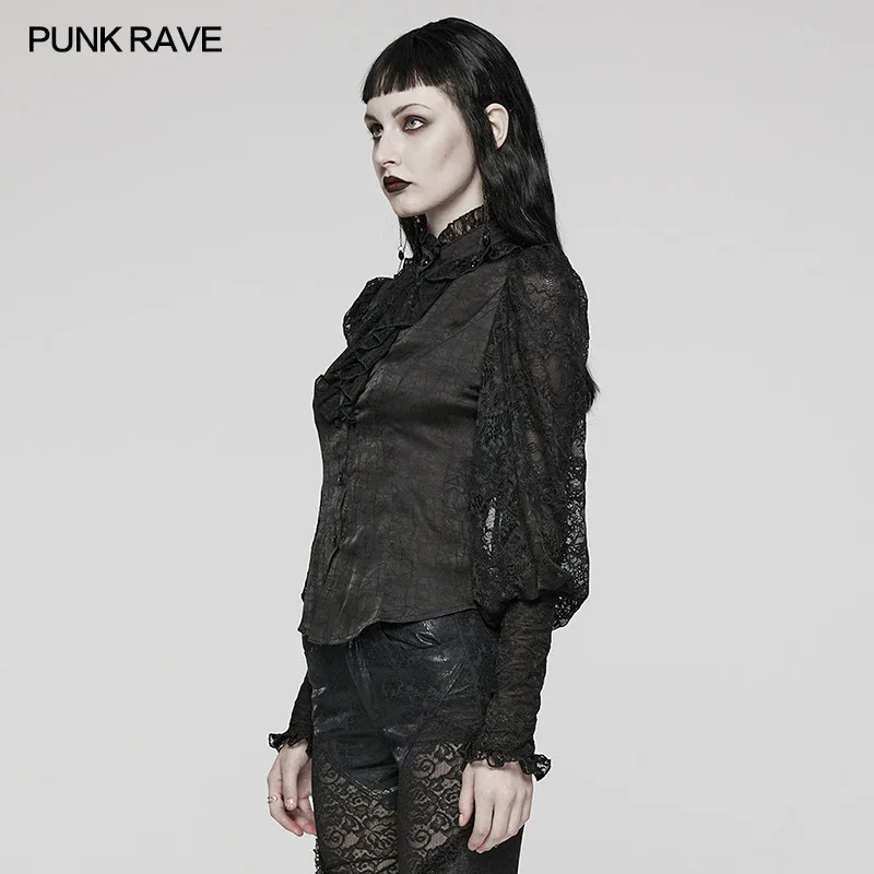 PUNK RAVE Women\'s Gothic Textured Glossy Gorgeous Shirts Party Club Black Tops Women Clothing