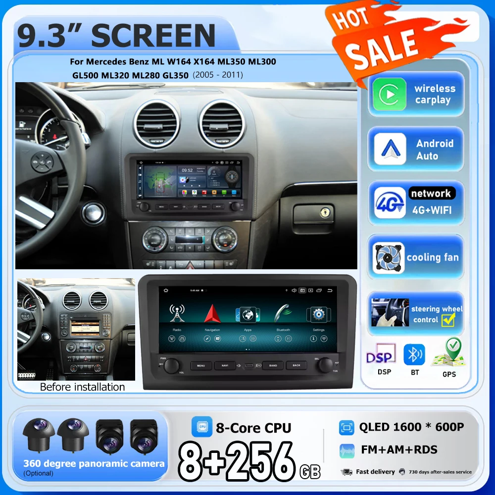 Android 16 Touch Screen 9.3 inch for Mercedes Benz ML W164 X164 ML350 ML300 GL500 ML320 ML280 GL350 2005 - 2011 Carplay GPS Navi