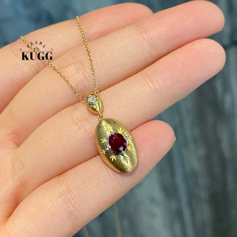

KUGG 100% 18K Yellow Gold Pendant Vintage Elegant Style Real Natural Ruby Necklace Pendant for Women High Gemstone Jewelry