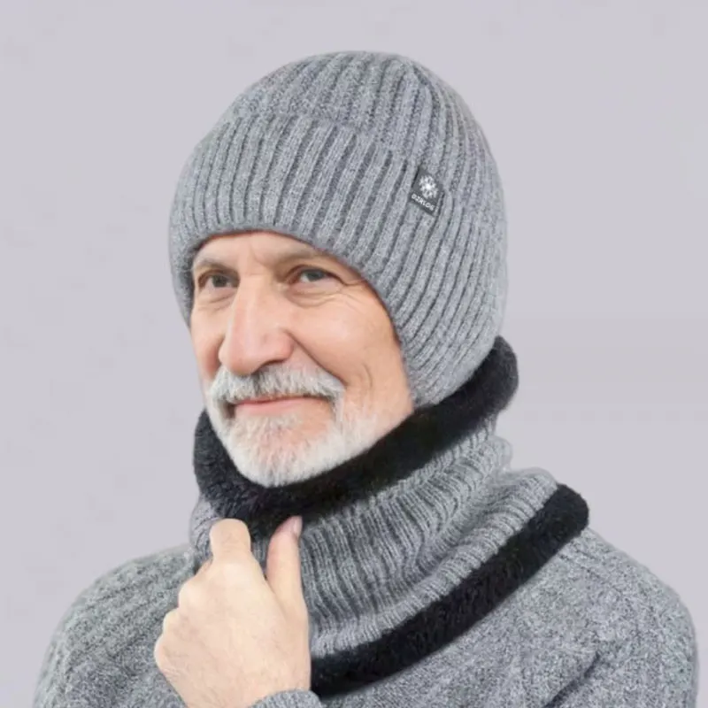 Conjunto elegante de 2 piezas para hombre, gorro de punto para papá, gorro de terciopelo, bufanda de lana de Coral para montar al aire libre, gorro grueso de protección para el cuello, Invierno