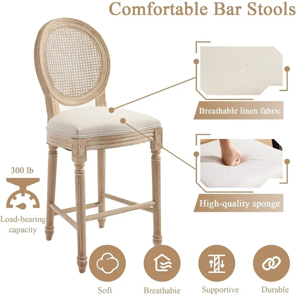 26 Country Style Counter Height Bar Stools Set of 2, Rattan Back | Solid Wood Upholstered Vintage Round Back for Kitchen Islands view 4