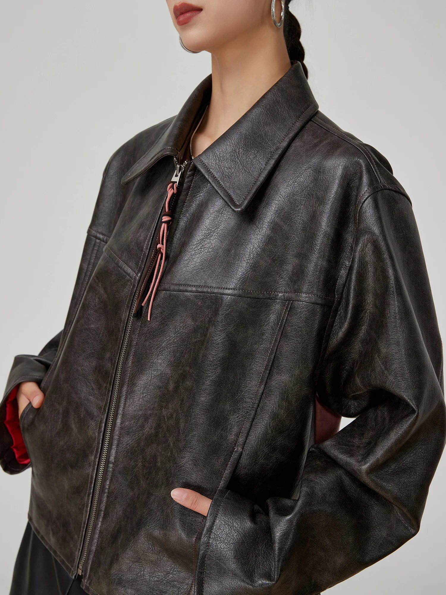 Retro Waed motorfiets leren jas dames vroege lente nieuwe Sle patchwork borduurwerk rits top losse pasvorm polyester...