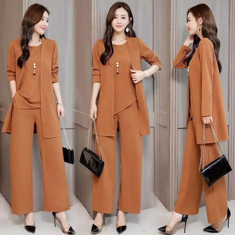 Fashionable Plus Size Women's Three-Piece Set Autumn Winter Slimming Age-Defying Wide-Leg Ladies Dress Sets From Mainland China