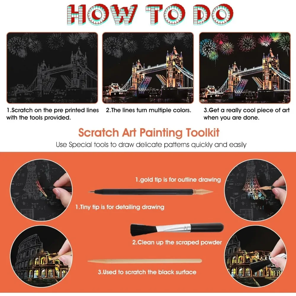 무지개 스크래치 페이퍼 및 스크래치 도구 키트 시티 시리즈 야경 스크래치 아트 (성인 및 어린이용)