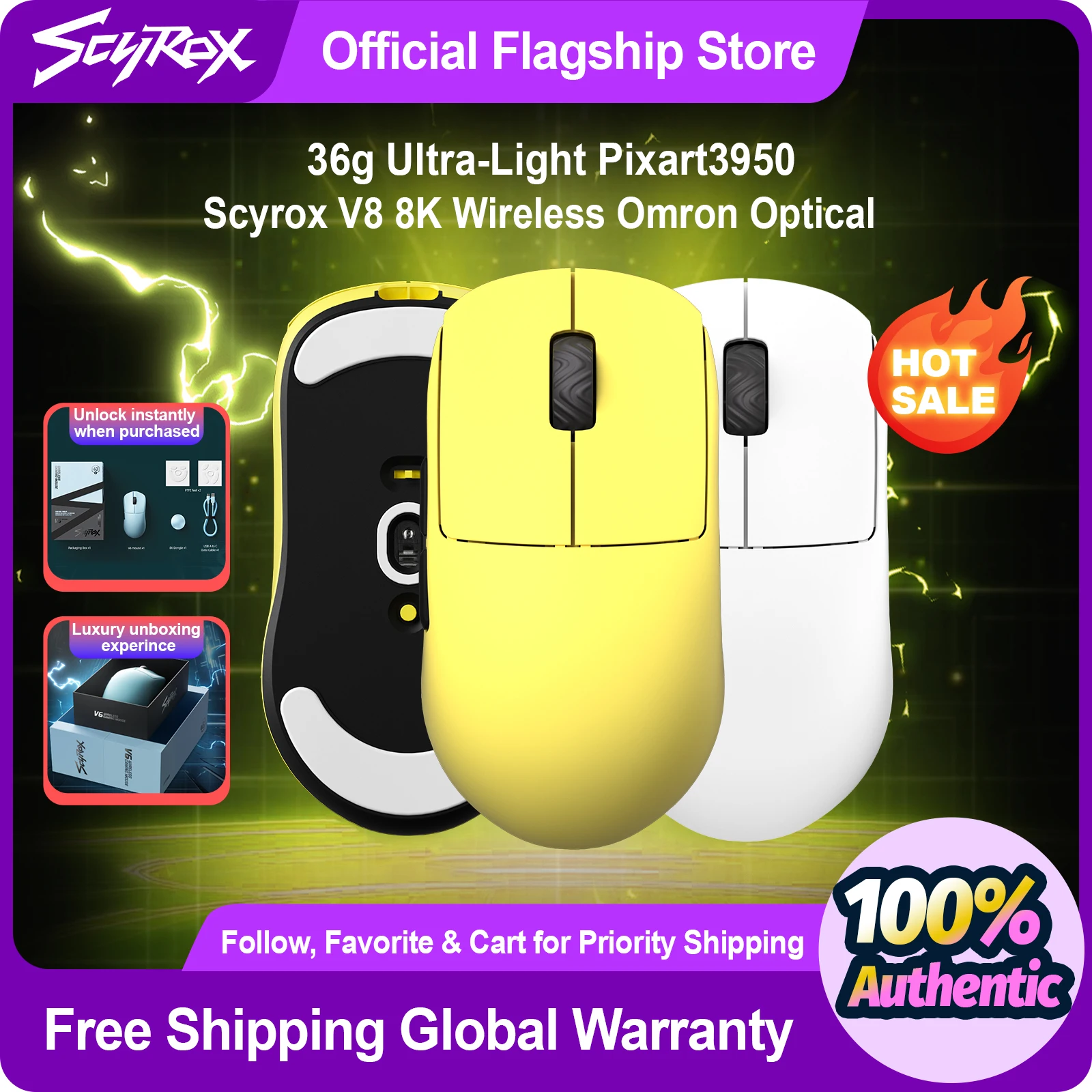 

SCYROX V8 Gaming Mouse, 36g, No holes, 8K Dongle Included, Pixart 3950, Omron Light Switches