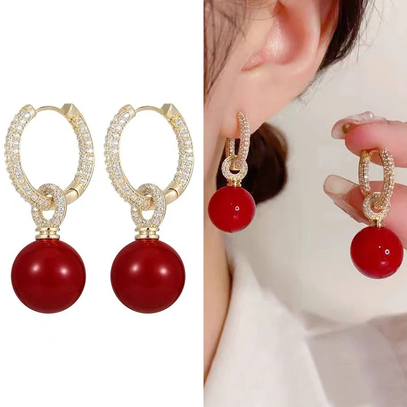 Chinese Red Pearl Square Pendant Studs Womens Fashion Charm Ears Buckle Light Luxury Senior Sense Female Earrings Girls Jewelry