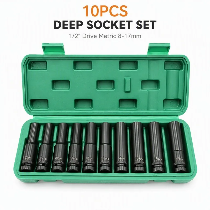 A Set10Pcs 1/2 Inch Drive Deep Impact Socket Set Metric 8-24mm Extra Long Socket Adapter for Electric Wrench Auto Repair Tool