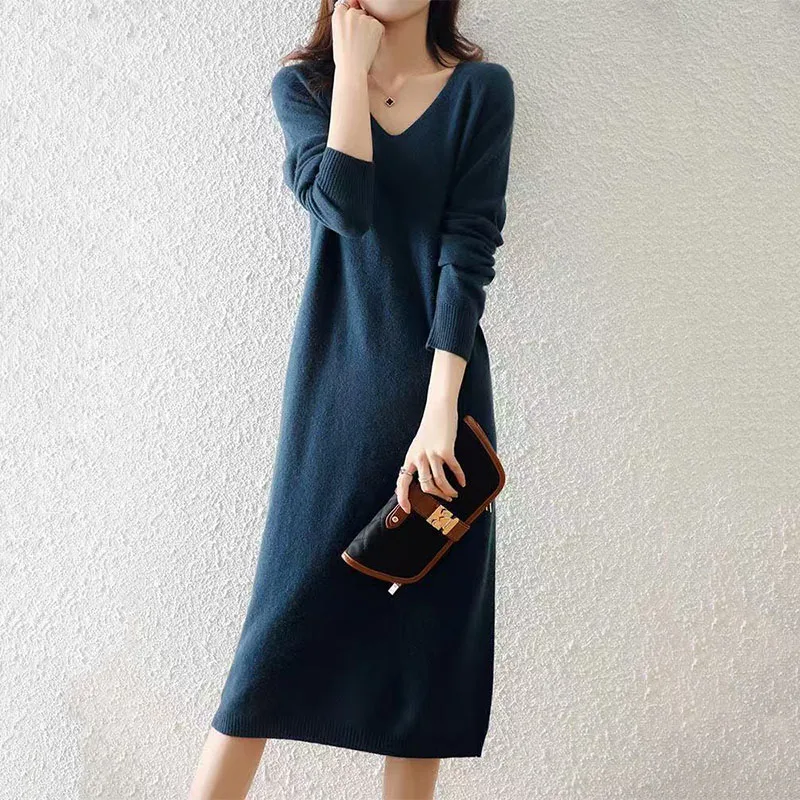

Fall/Winter V-neck Wool Dress Women's Loose Slim Pullover Sweater Skirt Over the Knee Knitted Bottom Long Dress