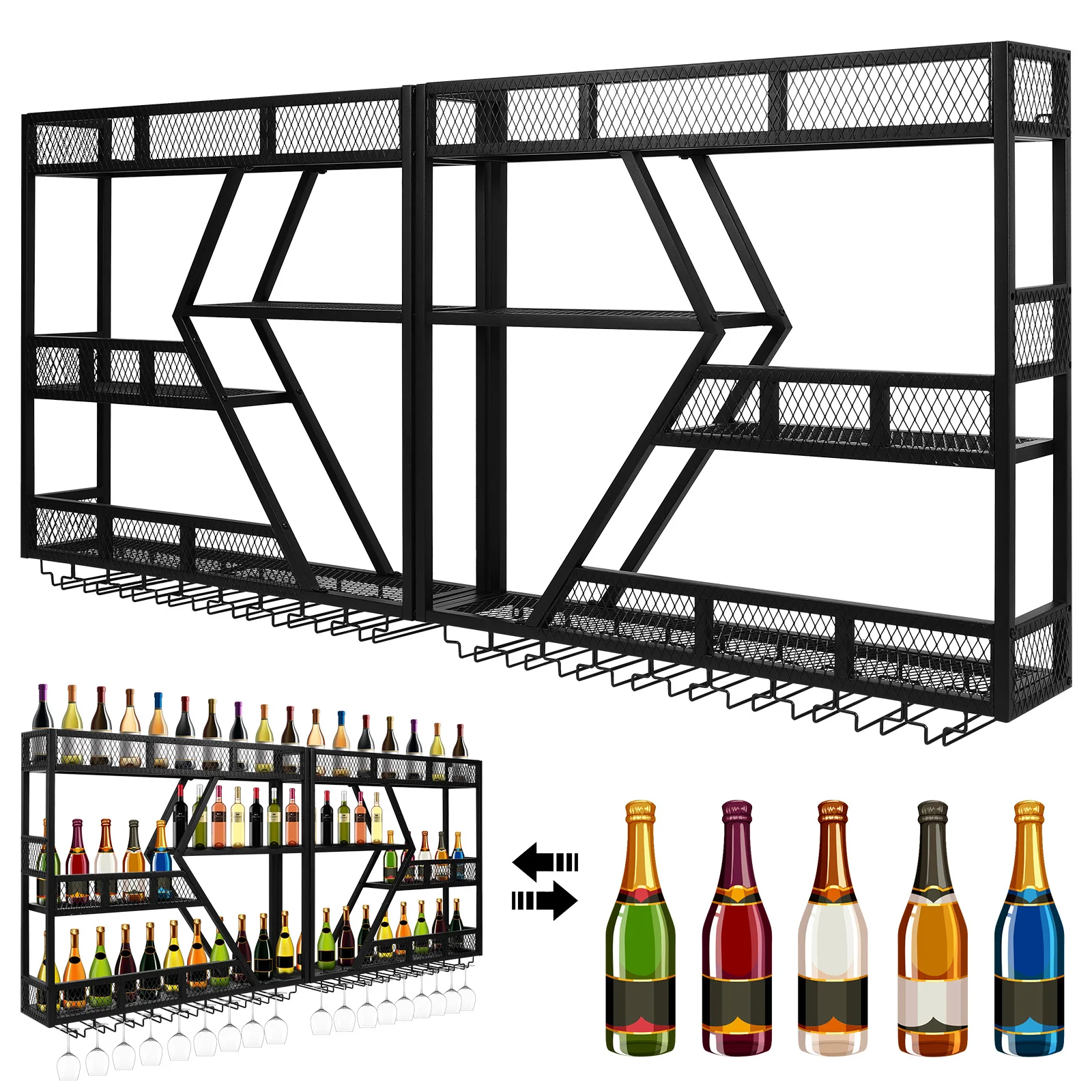Suporte de garrafa de vinho montado na parede de metal com barra transversal anti-queda organizador de armazenamento de vinho suporte de exibição de garrafa de vinho para bar