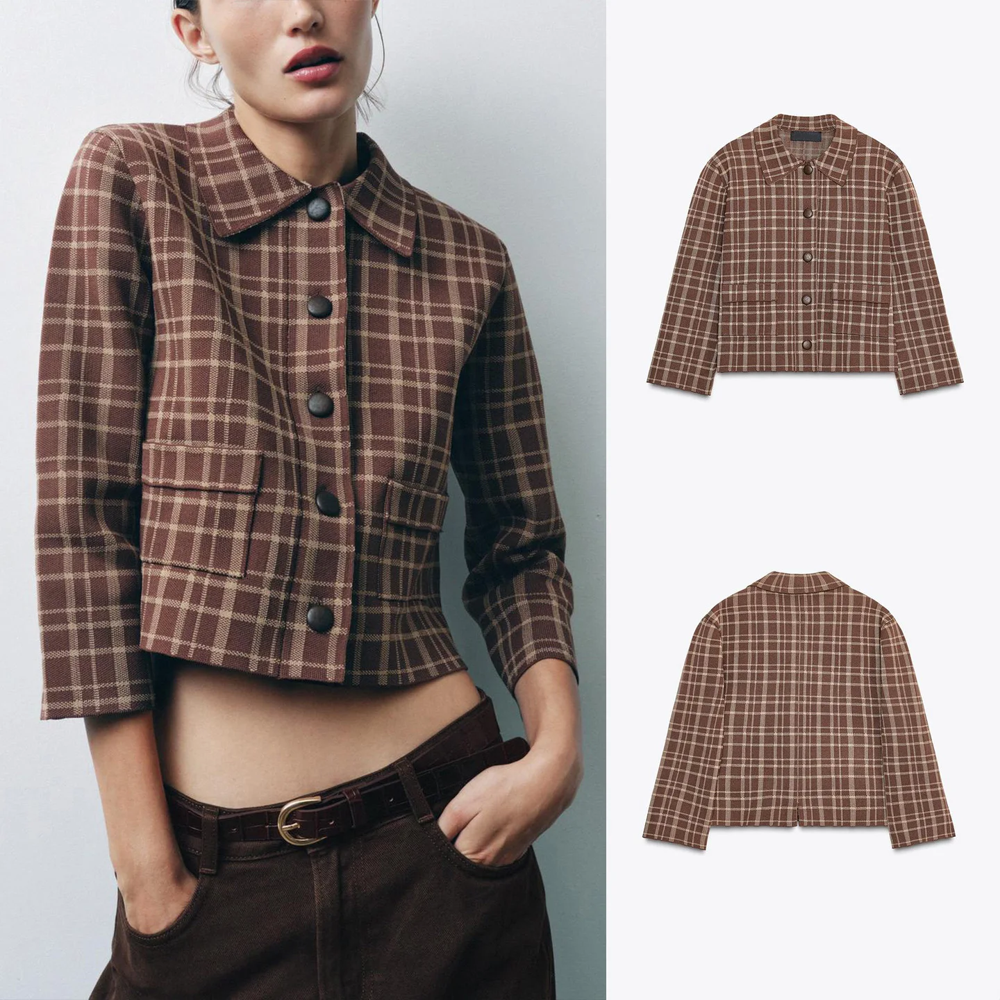 

Осенний женский вязаный жакет, однорядный кардиган с разноцветными нашивками и клетчатым воротником, семичатый кардиган из полиэфирного волокна