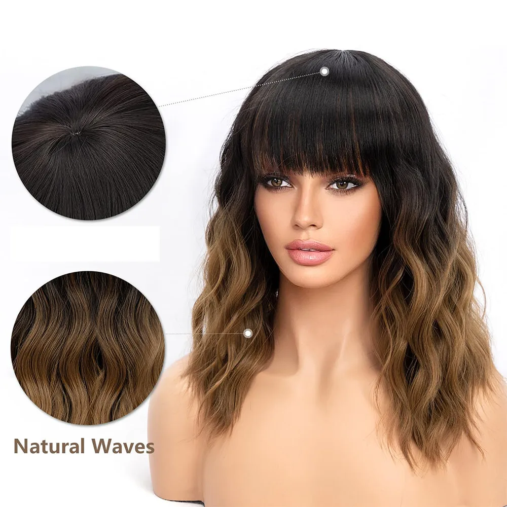 合成ショートボブ波状ウィッグ 前髪付き 女性用 ルーズカーリー ショルダーレングス Wi