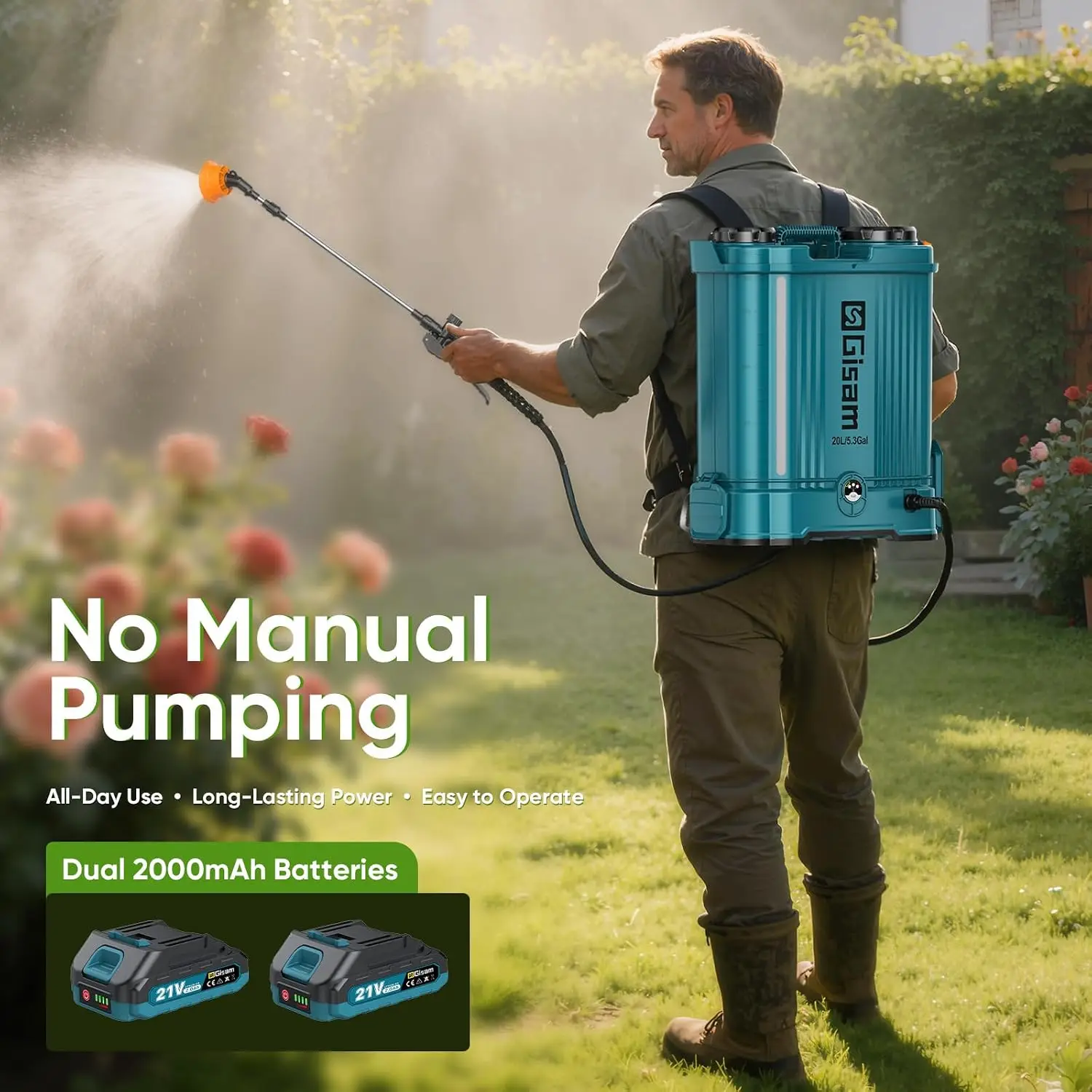 Battery Powered Backpack Sprayer 53 Gal 2 Batteries Water Markings 120PSI Adjustable Pressure Telescopic Wand Corrosion Resistan