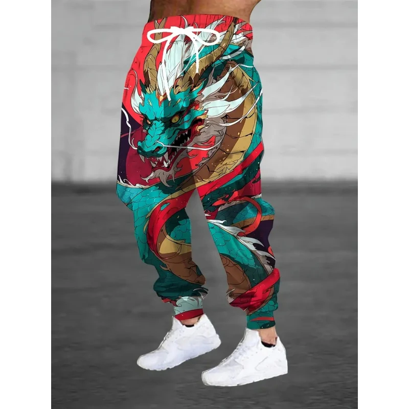

Men's casual sports pants with ankle binding,drawstring waist, green dragon 3D printing,winter warm and fashionable street pants