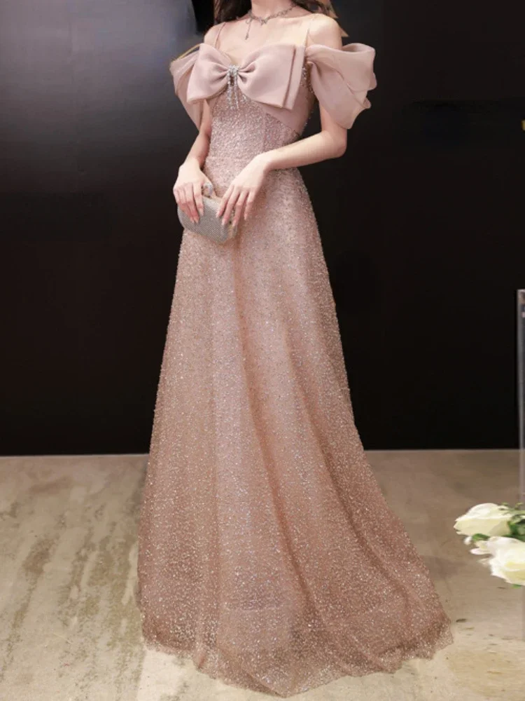 Customized Temperament Halter Strapless Heavy Sequin Evening Dresses Front Chic Design Bow Tassel Celebrity Dress Slim Waist Str