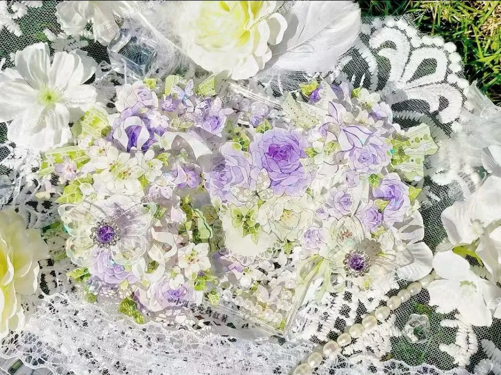 

Декоративная лента Washi Pet Tape 3.25, 1 рулон, «Воспоминания о весне», 1.25м, с блестящими фиолетовыми цветами, Menupolco, для декорирования, для джурналинга, акриловые шейкеры, значки, украшения