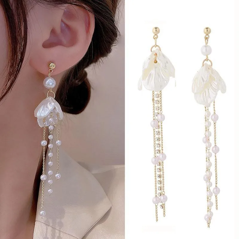 925 Silver Needle Korean Fashion White Petal Flower Earrings For Women Jewelry 2026 Trending Pearl Crystal Long Tassel Earrings
