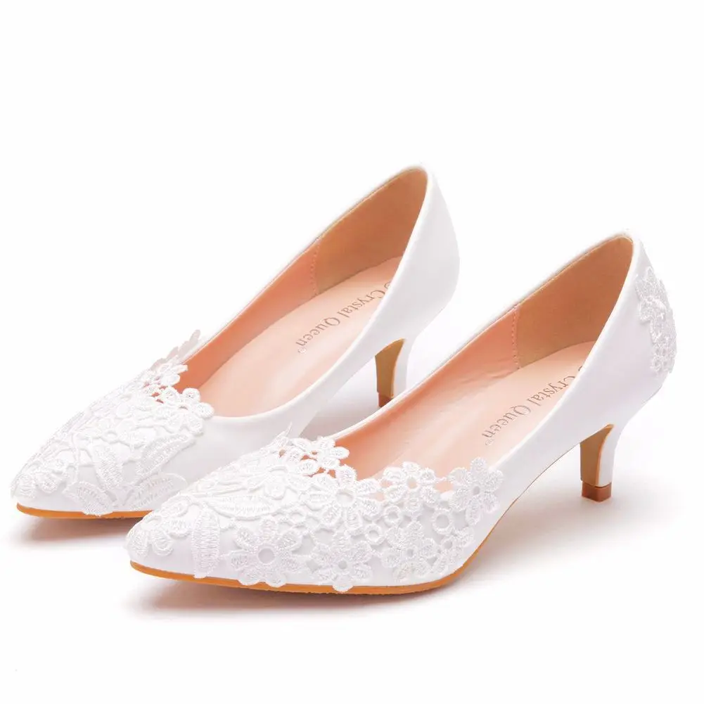 Summer Ballet Flats White Lace Bride Wedding Shoes  Heel Casual Without Heels Women Dress Pumps Sweet Women shoe 5 cm