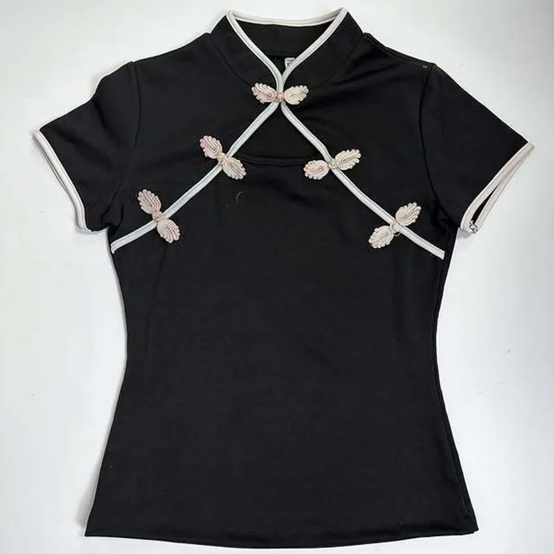 Design Sense Buckle T-shirt Female Slim Fit Slimming Mandarin Collar Temperament Short Sleeve Top Spring New sweet girl style