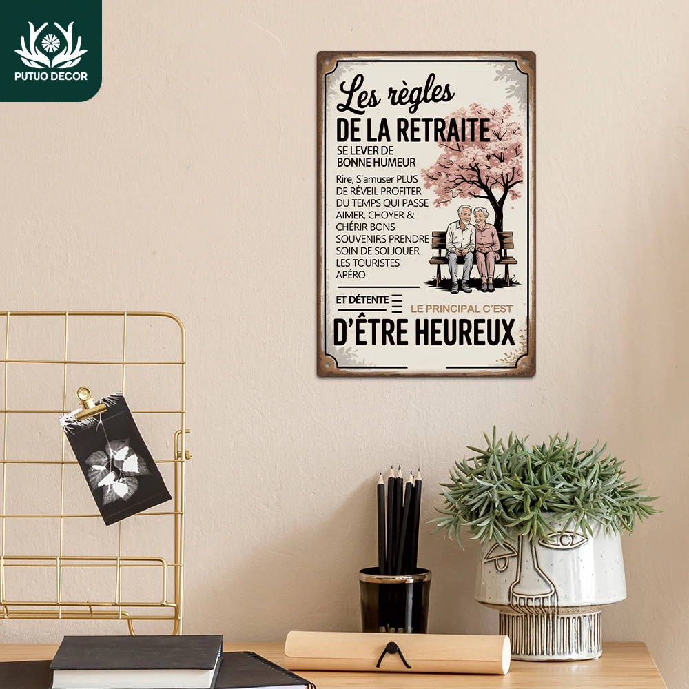Letrero Metálico Vintage Francés de Putuo Decor, 1 Pieza, Les Règles de LA RETRAITE, Decoración de Pared para Hogar, Cafetería, Oficina, Bar, Regalo