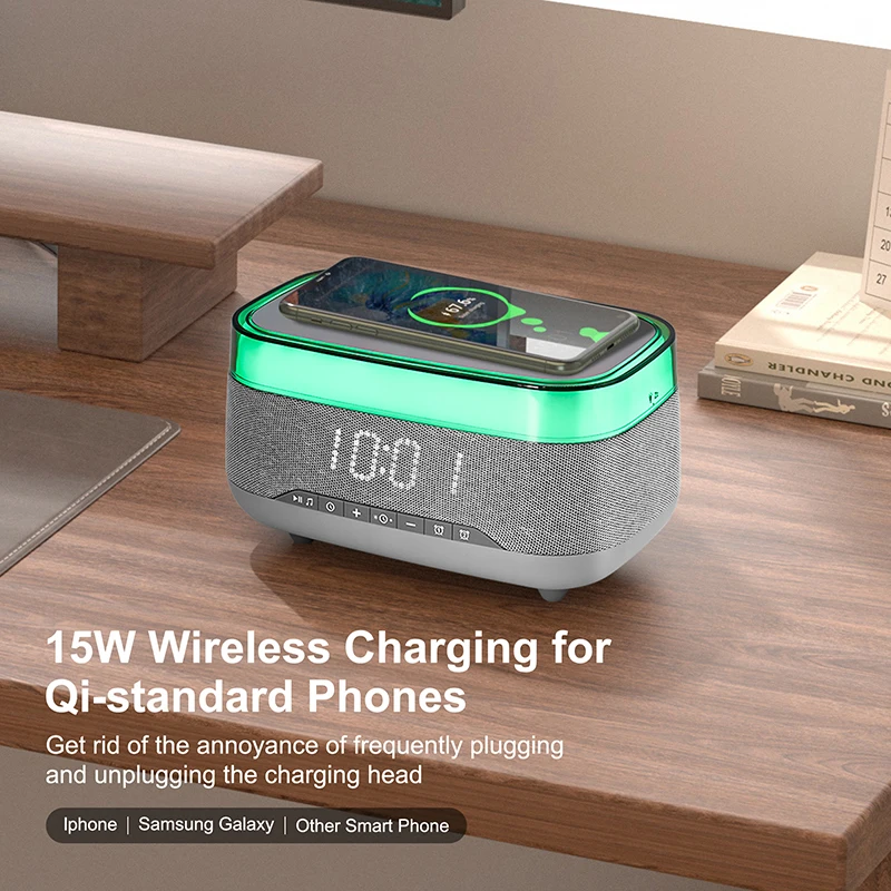 Caricabatterie wireless per telefono cellulare a ricarica rapida multifunzione 4 in 1 da 15 W con sveglia, luce notturna e altoparlante Blue Tooth