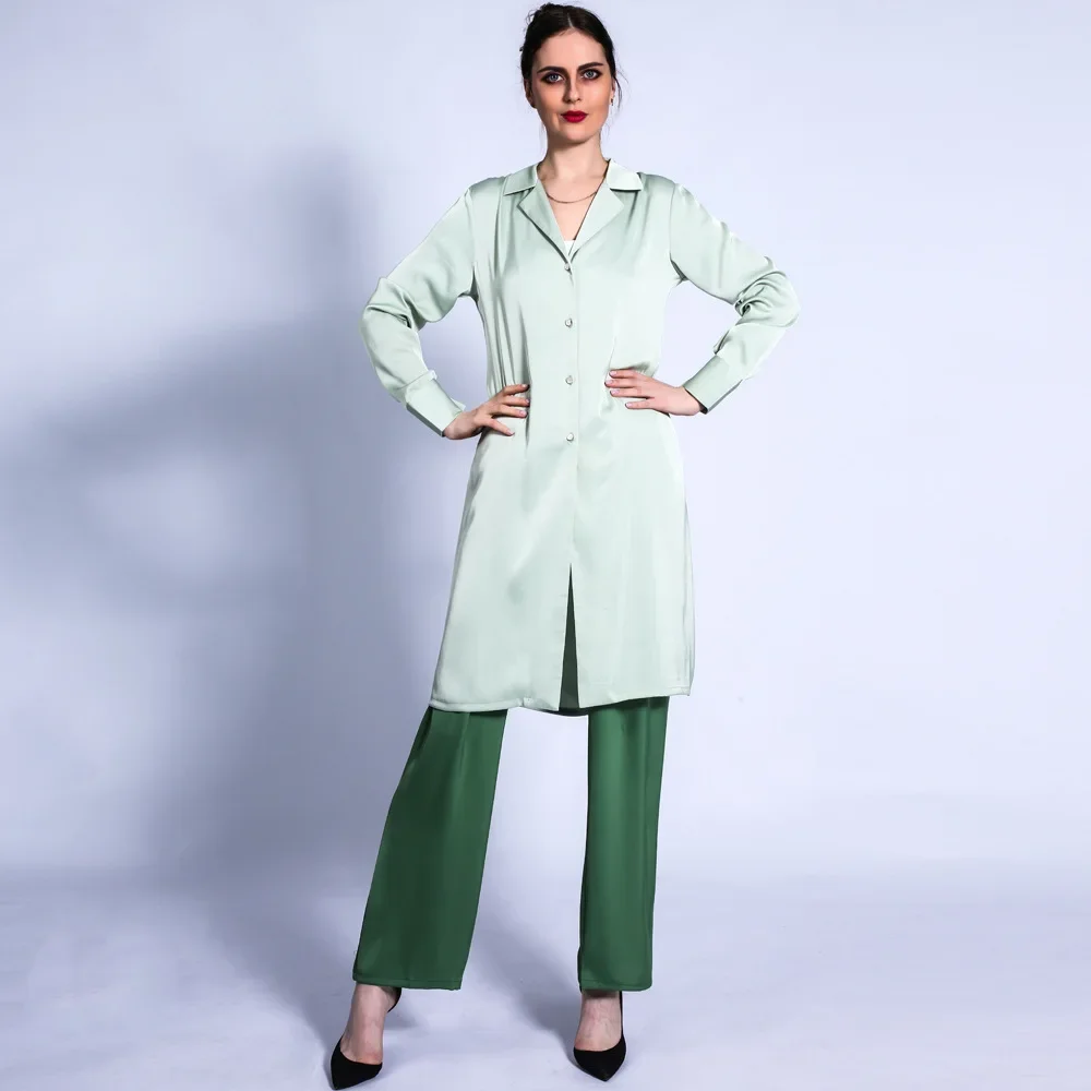 Dubai Muslim Women Lapel Buttons Shirt Pants Set Satin Tops Trousers Suit Ramadan Abaya Islamic Clothing Arabic Outfits Costumes