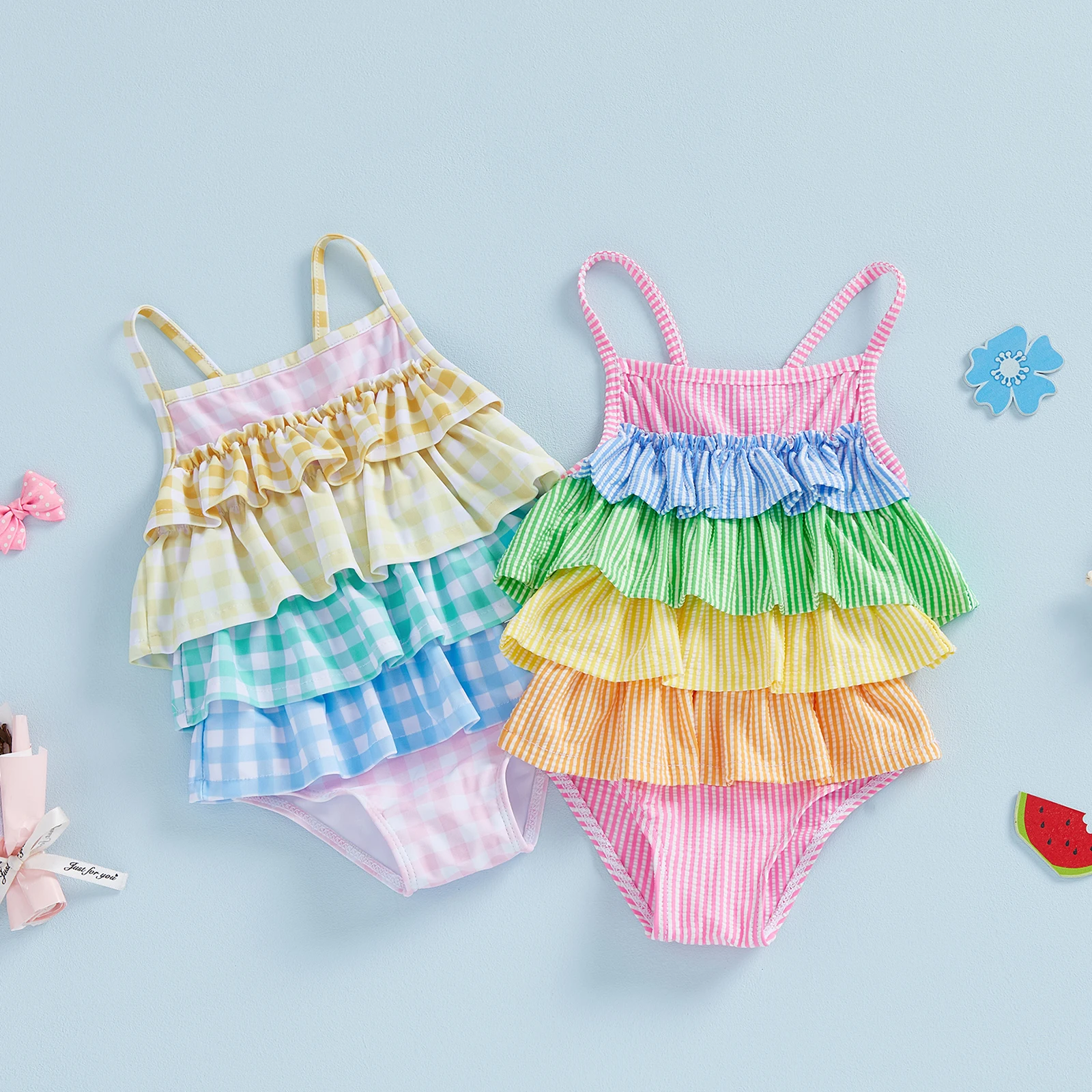 

Летний комбинезон на бретельках для маленьких девочек, купальник без рукавов, многоуровневый полосатый/клетчатый купальник