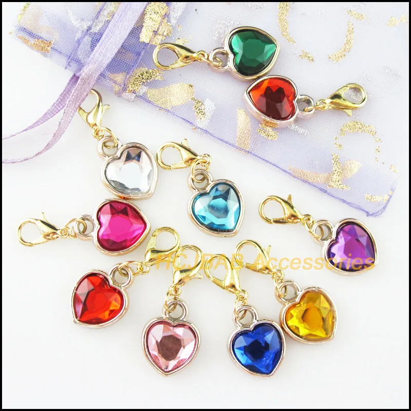 20Pcs New KC Gold Plated Mixed Acrylic Heart Teardrop Square Oval With Lobster Claw Clasps Charms V145