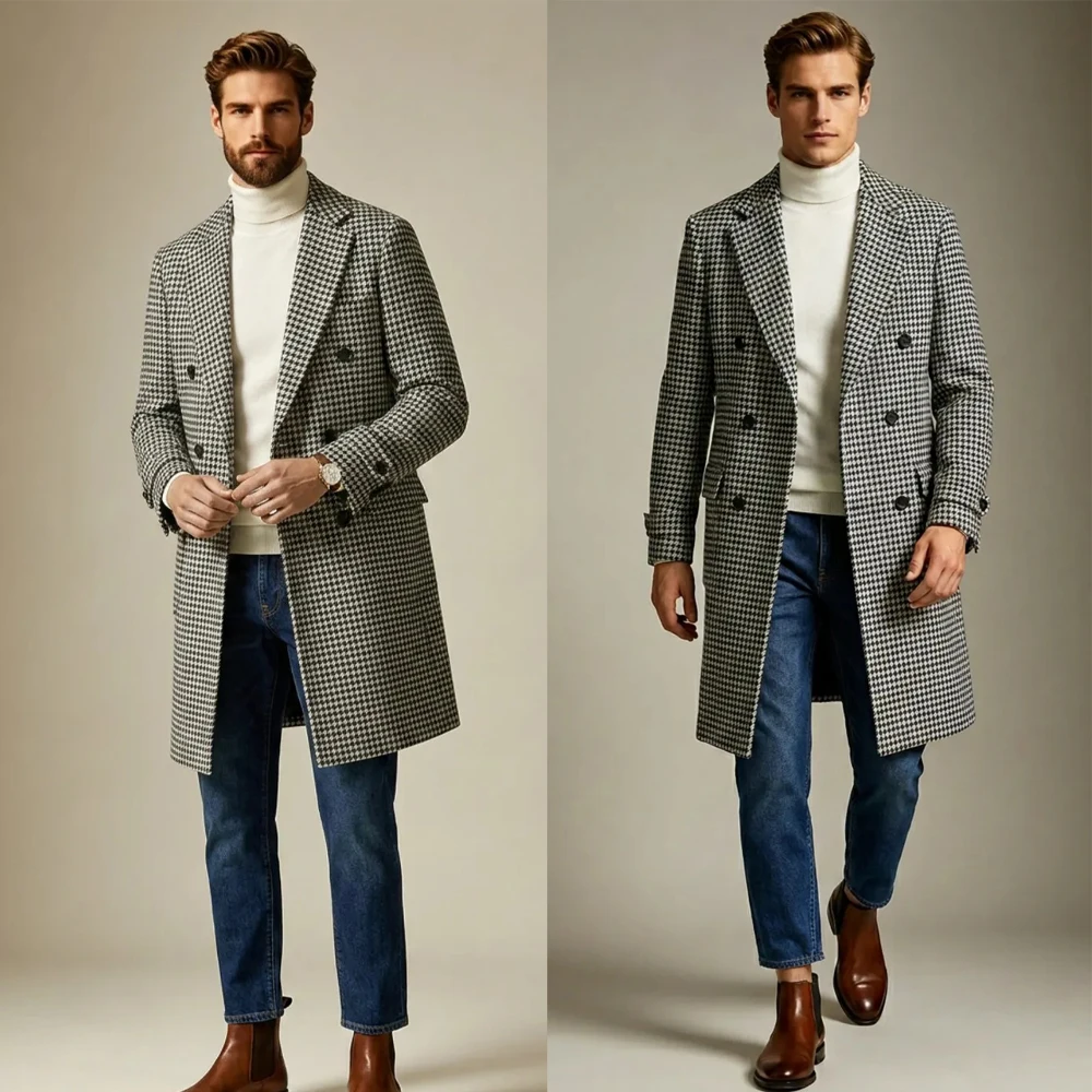 Classic Black White Houndstooth Tweed Double-Breasted Overcoat with Notch Lapel Men Autumn Long Coat Customized E26140