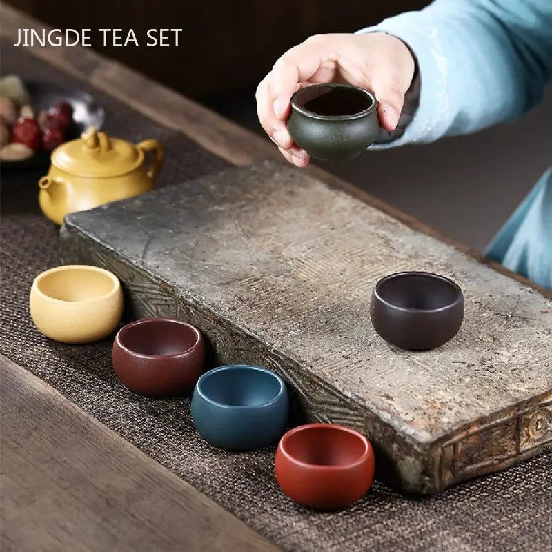 2pcs Chinese Purple Clay Teacup Portable Personal Single Cup Traditional Beauty Tea Set Handmade Custom Zisha Tea Accessories